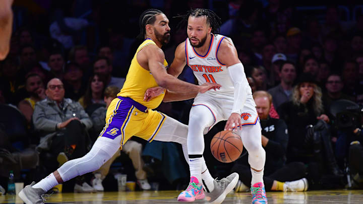 Mar 6, 2025; Los Angeles, California, USA; New York Knicks guard Jalen Brunson (11) moves the ball against Los Angeles Lakers guard Gabe Vincent (7) during the second half at Crypto.com Arena. Mandatory Credit: Gary A. Vasquez-Imagn Images