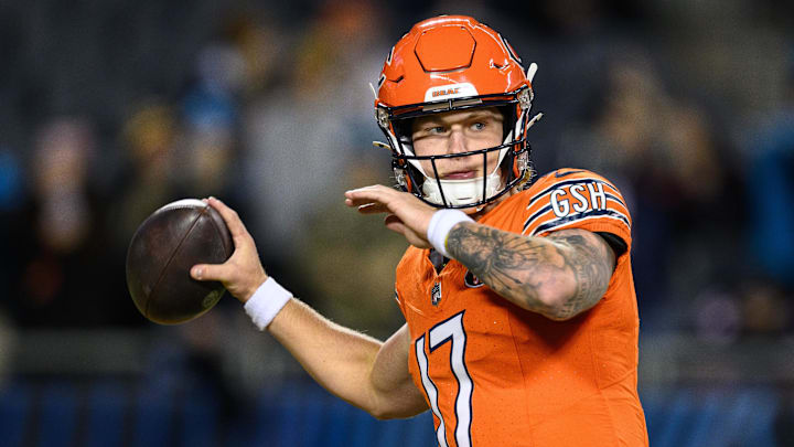 Nov 9, 2023; Chicago, Illinois, USA; Chicago Bears quarterback Tyson Bagent (17) warms up before a