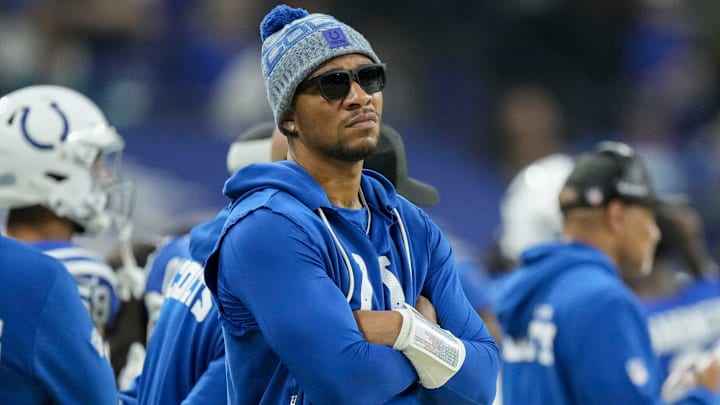 Indianapolis Colts quarterback Anthony Richardson (5) watches the action on the field from the sideline Sunday, Dec. 28, 2025, during a game against the Jacksonville Jaguars at Lucas Oil Stadium in Indianapolis.