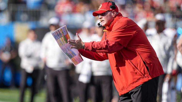  Kansas City Chiefs head coach Andy Reid yells out to his offense during the second quarter against the Carolina Panthers at Bank of America Stadium.
