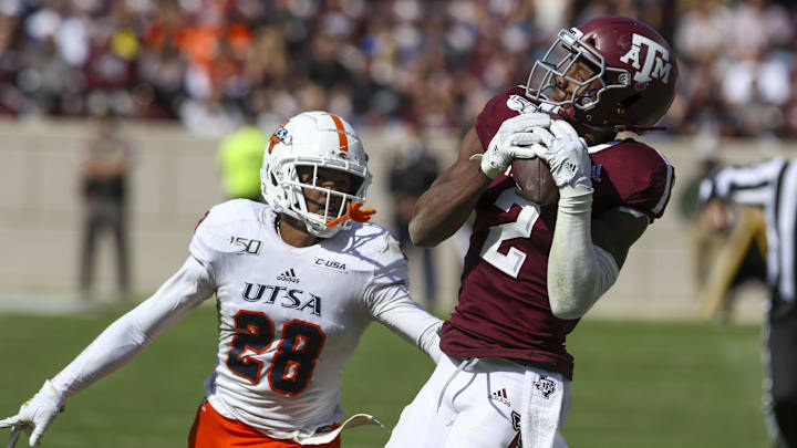 Nov 2, 2019; College Station, TX, USA; Texas A&M Aggies wide receiver Jhamon Ausbon (2) catches a pass over UTSA Roadrunners cornerback Cassius Grady (28) during the fourth quarter at Kyle Field. Mandatory Credit: John Glaser-Imagn Images
