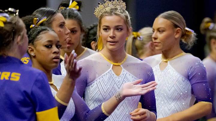 LSU Lady Tigers senior Livvy Dunne receives a tiara after performing a floor routine against the Arkansas Razorbacks. LSU Lady Tigers senior Livvy Dunne receives a tiara after performing a floor routine against the Arkansas Razorbacks.