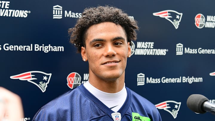 Jun 12, 2024; Foxborough, MA, USA;  New England Patriots cornerback Christian Gonzalez (0) speaks to the media during press availability at minicamp at Gillette Stadium.  Mandatory Credit: Eric Canha-Imagn Images