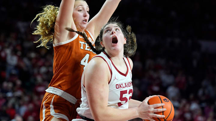 Oklahoma Sooners center Raegan Beers battles Texas. Oklahoma Sooners center Raegan Beers battles Texas.