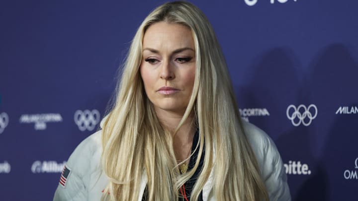 [US, Mexico & Canada customers only] Feb 3, 2026; Cortina d'Ampezzo, ITALY;  Lindsey Vonn attends a press conference at the Cortina Curling Olympic Stadium in preparation for the Milano Cortina 2026 Olympic Winter Games. Mandatory Credit: