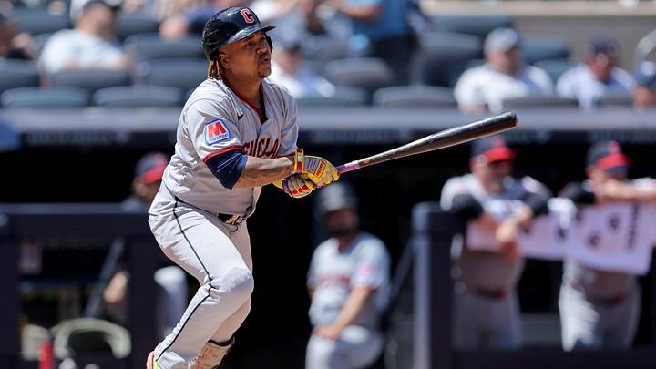 Jun 4, 2026: Cleveland Guardians third baseman Jose Ramirez (11) follows through on a single against the New York Yankees during the fourth inning at Yankee Stadium. 