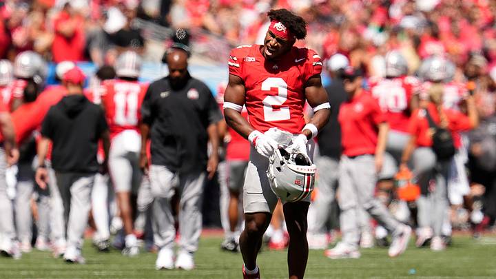 Ohio State Buckeyes safety Caleb Downs celebrates Ohio State Buckeyes safety Caleb Downs celebrates