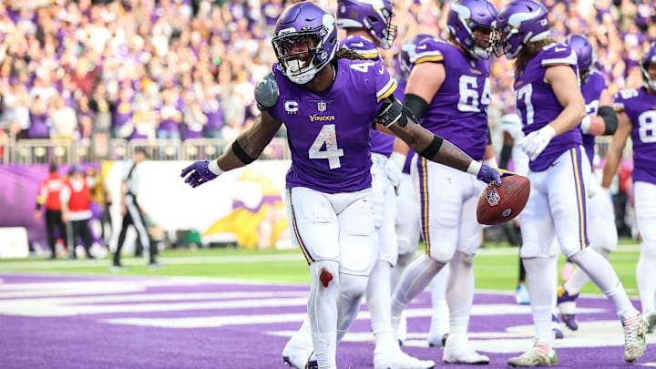 Dec 4, 2022; Minneapolis, Minnesota, USA; Minnesota Vikings running back Dalvin Cook (4) celebrates