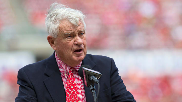 Cincinnati Reds owner Bob Castellini speaks during a pregame ceremony for the unveiling of Pete Rose's bronze statue being installed outside the stadium before the MLB National League game between the Cincinnati Reds and the Los Angeles Dodgers at Great American Ball Park in downtown Cincinnati on Saturday, June 17, 2017.