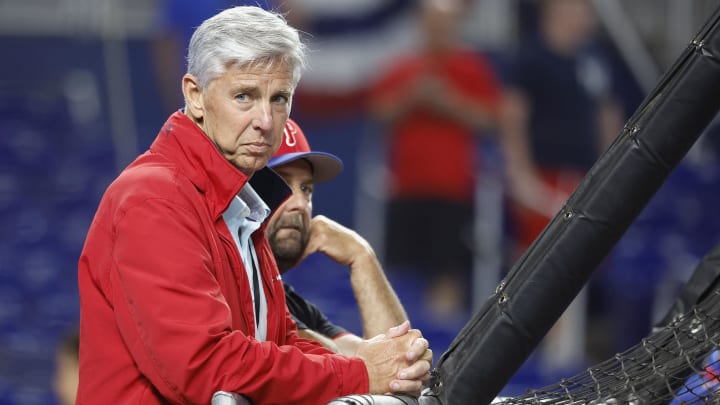 Apr 15, 2022; Miami, Florida, USA; Philadelphia Phillies President of Baseball Operations Dave Dombrowski watches batting practice before the game against the Miami Marlins at loanDepot Park Apr 15, 2022; Miami, Florida, USA; Philadelphia Phillies President of Baseball Operations Dave Dombrowski watches batting practice before the game against the Miami Marlins at loanDepot Park