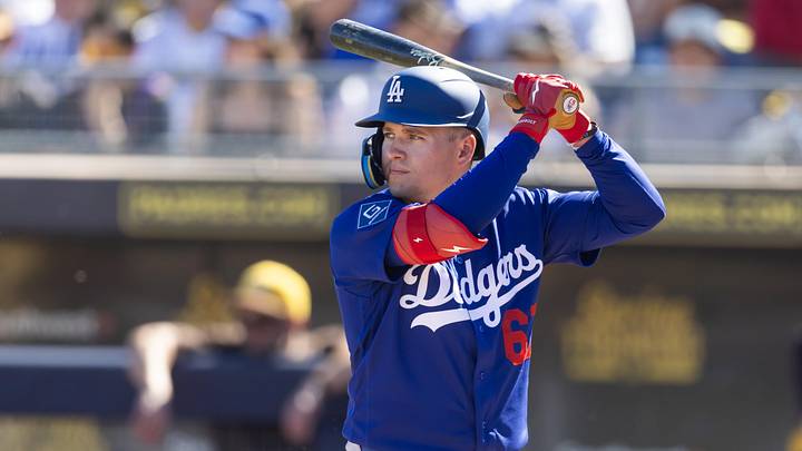 Feb 22, 2026; Peoria, Arizona, USA; Los Angeles Dodgers first baseman Ryan Ward against the San Diego Padres during a spring training game at Peoria Sports Complex. Mandatory Credit: Mark J. Rebilas-Imagn Images