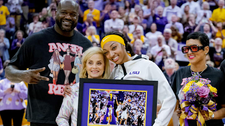 Mar 3, 2024; Baton Rouge, Louisiana, USA; LSU Lady Tigers forward Angel Reese takes a photo for