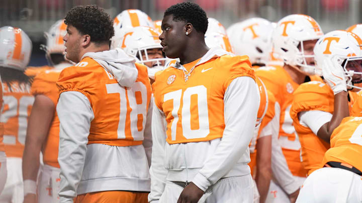 Tennessee offensive lineman David Sanders Jr. (70) on the sidelines during the Aflac Kickoff Game between the Volunteers and Syracuse held at Mercedes-Benz Stadium in Atlanta, Ga., on August 30, 2025.