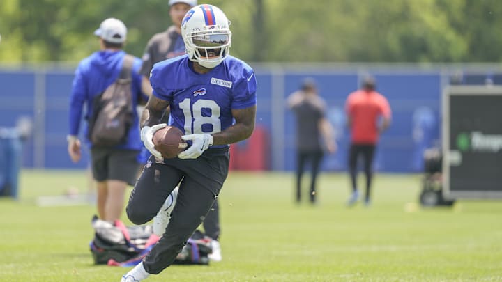 Buffalo Bills wide receiver Elijah Moore runs with the ball during Minicamp at Highmark Stadium.