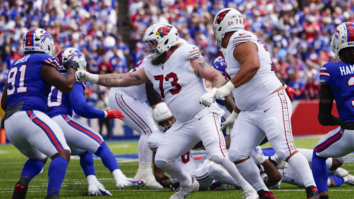 Sep 8, 2024; Orchard Park, New York, USA; Arizona Cardinals offensive tackle Jonah Williams (73) looks to block Buffalo Bills defensive tackle Ed Oliver (91) during the first half at Highmark Stadium. Mandatory Credit: Gregory Fisher-Imagn Images Sep 8, 2024; Orchard Park, New York, USA; Arizona Cardinals offensive tackle Jonah Williams (73) looks to block Buffalo Bills defensive tackle Ed Oliver (91) during the first half at Highmark Stadium. Mandatory Credit: Gregory Fisher-Imagn Images