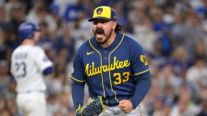 Oct 15, 2026; Los Angeles, California, USA; Milwaukee Brewers pitcher JoJo Romero (33) reacts during the sixth inning against the Los Angeles Dodgers in game four of the NLCS for the 2026 MLB Playoffs at Uniqlo Field at Dodger Stadium. Mandatory Credit: Jayne Kamin-Oncea-Imagn Images TPX IMAGES OF THE DAY Oct 15, 2026; Los Angeles, California, USA; Milwaukee Brewers pitcher JoJo Romero (33) reacts during the sixth inning against the Los Angeles Dodgers in game four of the NLCS for the 2026 MLB Playoffs at Uniqlo Field at Dodger Stadium. Mandatory Credit: Jayne Kamin-Oncea-Imagn Images TPX IMAGES OF THE DAY