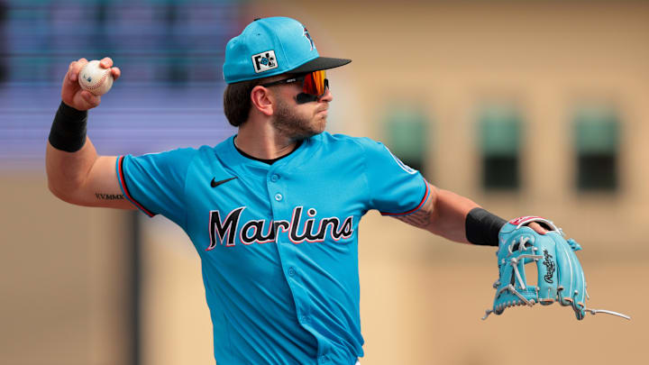 Jupiter, Florida, USA; Miami Marlins third baseman Connor Norby (1) throws to first base and retires New York Mets designated hitter Chris Williams (not pictured) during the third inning at Roger Dean Chevrolet Stadium.