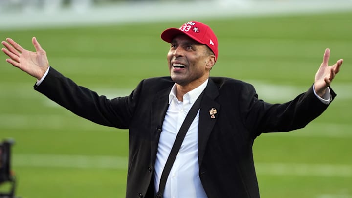 Feb 8, 2026; Santa Clara, CA, USA; San Francisco 49ers former player Roger Craig stands on the field before the start of the second quarter in Super Bowl LX between the New England Patriots and the Seattle Seahawks at Levi's Stadium. Mandatory Credit: Darren Yamashita-Imagn Images