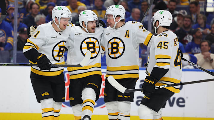 Apr 21, 2026; Buffalo, New York, USA; Boston Bruins left wing Viktor Arvidsson (71) celebrates his goal with teammates during the third period against the Buffalo Sabres in game two of the first round of the 2026 Stanley Cup Playoffs at KeyBank Center. Mandatory Credit: Timothy T. Ludwig-Imagn Images