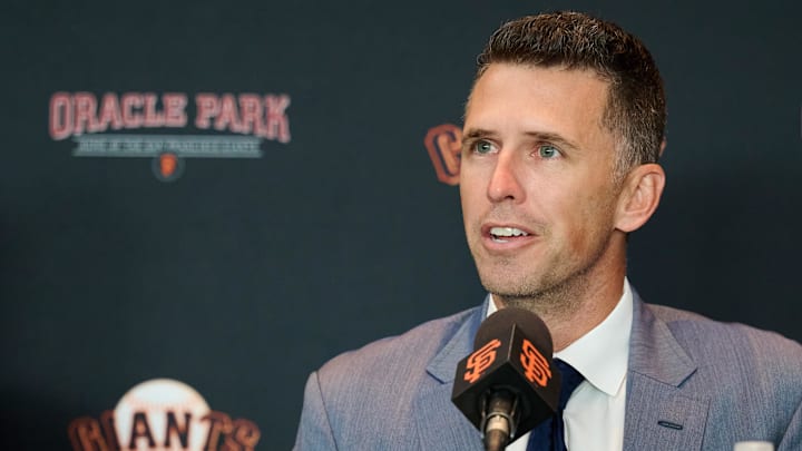 Oct 1, 2024; San Francisco, CA, USA; San Francisco Giants president of baseball operations Buster Posey addresses the media during an introductory press conference at Oracle Park.