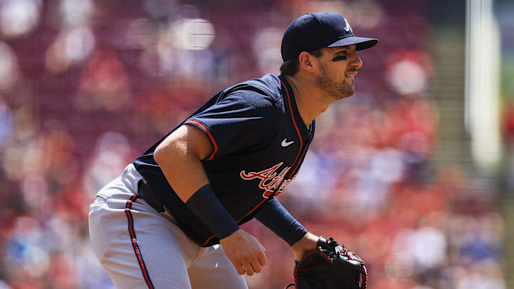 Aug 1, 2025; Cincinnati, Ohio, USA; Atlanta Braves third baseman Austin Riley (27) prepares for the pitch in the fourth inning against the Cincinnati Reds at Great American Ball Park. Mandatory Credit: Katie Stratman-Imagn Images