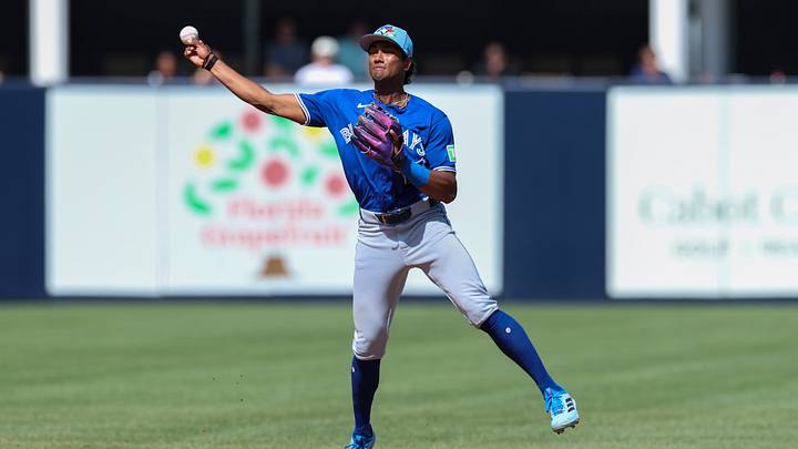 Feb 28, 2026; Tampa, Florida, USA; Toronto Blue Jays shortstop Arjun Nimmala (18) throws to first fro an out against the New York Yankees in the fourth inning during spring training at George M. Steinbrenner Field. Mandatory Credit: Nathan Ray Seebeck-Imagn Images Feb 28, 2026; Tampa, Florida, USA; Toronto Blue Jays shortstop Arjun Nimmala (18) throws to first fro an out against the New York Yankees in the fourth inning during spring training at George M. Steinbrenner Field. Mandatory Credit: Nathan Ray Seebeck-Imagn Images
