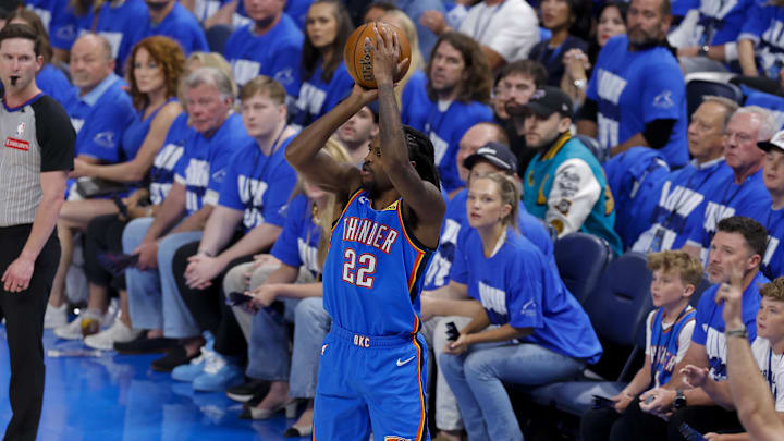 Jun 8, 2025; Oklahoma City, Oklahoma, USA; Oklahoma City Thunder guard Cason Wallace (22) makes a jump shot against the Indiana Pacers during the first quarter of game two of the 2025 NBA Finals at Paycom Center. Mandatory Credit: Alonzo Adams-Imagn Images