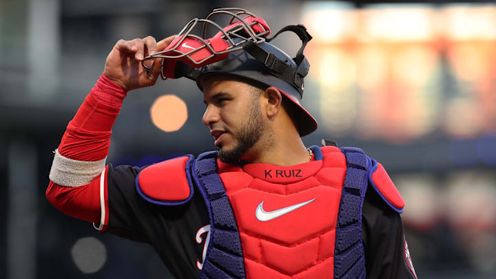 Apr 16, 2025; Pittsburgh, Pennsylvania, USA;  Washington Nationals catcher Keibert Ruiz (20) speaks with the home plate umpire against the Pittsburgh Pirates during the fourth inning at PNC Park.