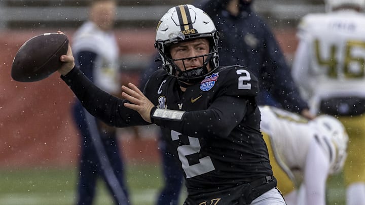 Dec 27, 2024; Birmingham, AL, USA; Vanderbilt Commodores quarterback Diego Pavia (2) warms up before the 2024 Birmingham Bowl at Protective Stadium. Mandatory Credit: Vasha Hunt-Imagn Images