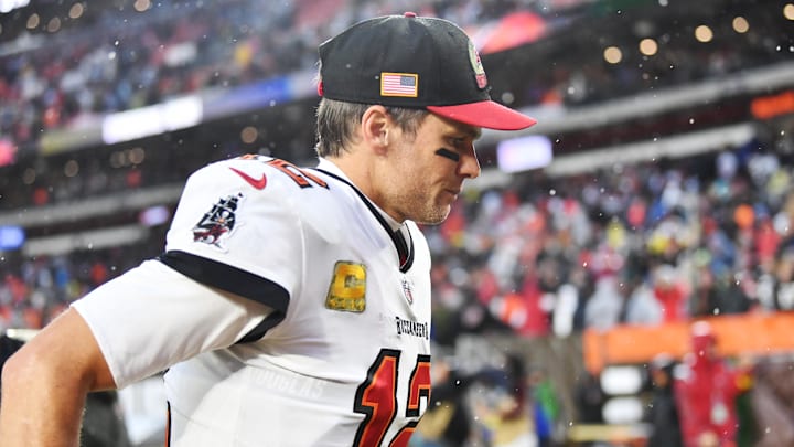 Nov 27, 2022; Cleveland, Ohio, USA; Tampa Bay Buccaneers quarterback Tom Brady (12) runs off the