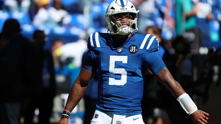 Sep 7, 2025; Indianapolis, Indiana, USA; Indianapolis Colts quarterback Anthony Richardson Sr. (5) during warmups before the game against the Miami Dolphins at Lucas Oil Stadium. Mandatory Credit: Trevor Ruszkowski-Imagn Images