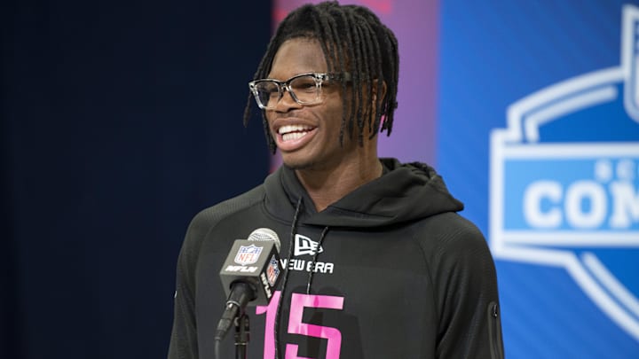 Colorado defensive back Travis Hunter (DB15) during the 2025 NFL Combine at Lucas Oil Stadium.