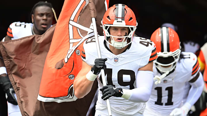 Aug 23, 2025; Cleveland, Ohio, USA; Cleveland Browns linebacker Carson Schwesinger (49) leads the team onto the field before the game between the Browns and the Los Angeles Rams at Huntington Bank Field. Mandatory Credit: Ken Blaze-Imagn Images