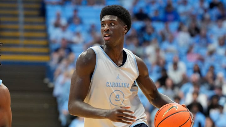 Oct 12, 2024; Chapel Hill, NC, USA; North Carolina Tar Heels guard Drake Powell (9) with the ball in the second half at the Dean E. Smith Center. Mandatory Credit: Bob Donnan-Imagn Images