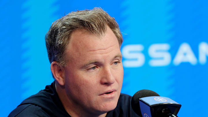 Titans general manager Mike Borgonzi speaks to members of the media during a pre NFL draft press conference held at the Titans practice facility Thursday, April 16, 2026.