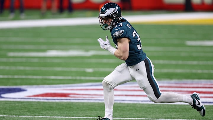 Feb 9, 2025; New Orleans, LA, USA; Philadelphia Eagles cornerback Cooper DeJean (33) scores a touchdown after making an interception against the Kansas City Chiefs during the first half of Super Bowl LIX at Caesars Superdome. Mandatory Credit: Bill Streicher-Imagn Images