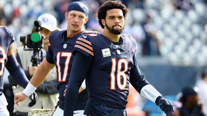Nov 10, 2024; Chicago, Illinois, USA; Chicago Bears quarterback Caleb Williams (18) practices before the game against the New England Patriots at Soldier Field. Mandatory Credit: Mike Dinovo-Imagn Images