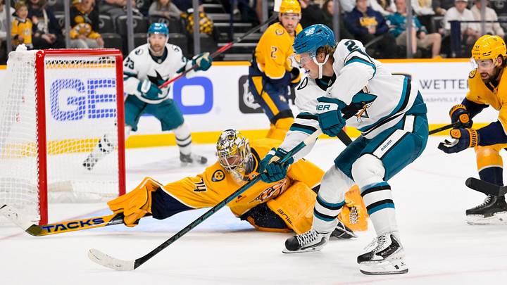 Oct 15, 2026; Nashville, Tennessee, USA; Nashville Predators goaltender Juuse Saros (74) blocks the shot of San Jose Sharks center Will Smith (2) during the second period at Bridgestone Arena. Mandatory Credit: Steve Roberts-Imagn Images Oct 15, 2026; Nashville, Tennessee, USA; Nashville Predators goaltender Juuse Saros (74) blocks the shot of San Jose Sharks center Will Smith (2) during the second period at Bridgestone Arena. Mandatory Credit: Steve Roberts-Imagn Images