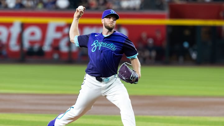 May 30, 2025; Phoenix, Arizona, USA; Arizona Diamondbacks pitcher Merrill Kelly in the first inning against the Washington Nationals at Chase Field. Mandatory Credit: Mark J. Rebilas-Imagn Images