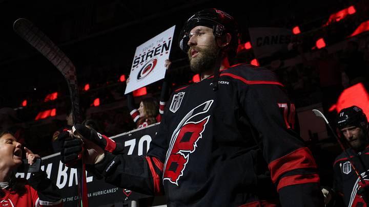 Jun 11, 2026; Raleigh, North Carolina, USA; Carolina Hurricanes defenseman Jaccob Slavin (74) takes the ice for game five of the 2026 Stanley Cup Final against the Vegas Golden Knights at Lenovo Center. Mandatory Credit: Nathan Ray Seebeck-Imagn Images