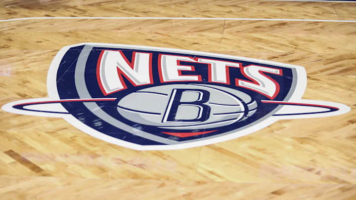 Nov 17, 2021; Brooklyn, New York, USA; The old Nets logo on the court prior to the game between the Cleveland Cavilers and the Brooklyn Nets at Barclays Center. Mandatory Credit: Wendell Cruz-Imagn Images