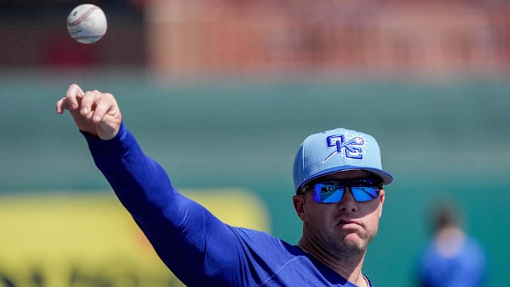Oklahoma City Comets catcher Dalton Rushing throws the ball during practice Wednesday at Chickasaw Bricktown Ballpark. Oklahoma City Comets catcher Dalton Rushing throws the ball during practice Wednesday at Chickasaw Bricktown Ballpark.