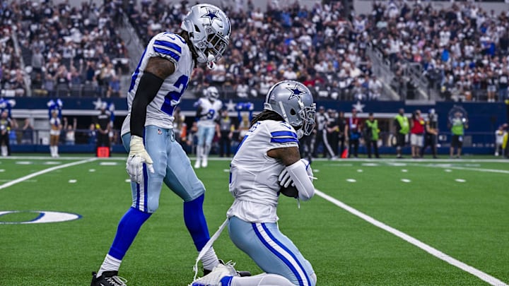 Dallas Cowboys cornerback DaRon Bland and cornerback Trevon Diggs celebrate after an interception. Dallas Cowboys cornerback DaRon Bland and cornerback Trevon Diggs celebrate after an interception.