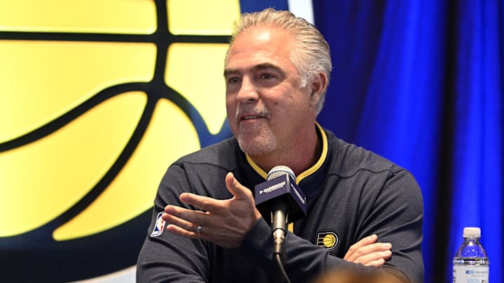 Jan 30, 2023; Indianapolis, IN, USA: Indiana Pacers president of basketball operations Kevin Pritchard speaks during an Indiana Pacers press conference to announce the contract extension of center Miles Turner at Gainsbridge Fieldhouse.  Mandatory Credit: Marc Lebryk-Imagn Images