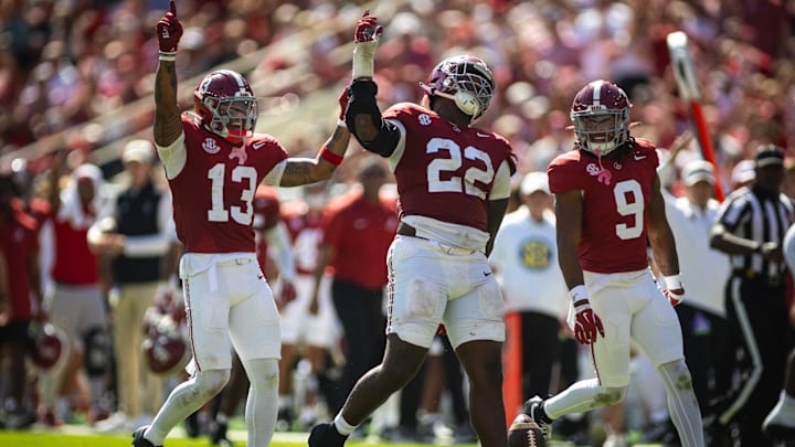 Alabama Crimson Tide defensive back Malachi Moore, EDGE LT Overton, and defensive back Jaylen Mbakwe react to recovering a fumble by the South Carolina Gamecocks Alabama Crimson Tide defensive back Malachi Moore, EDGE LT Overton, and defensive back Jaylen Mbakwe react to recovering a fumble by the South Carolina Gamecocks