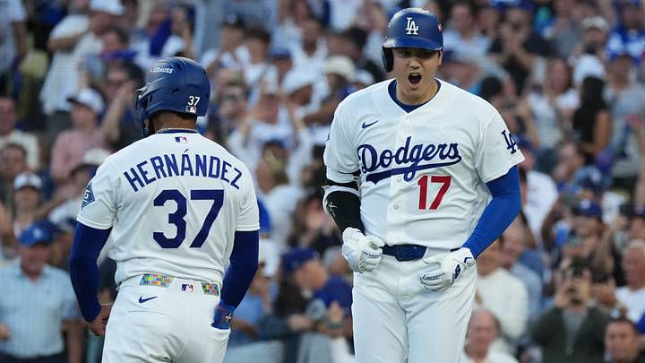 Oct 15, 2026; Los Angeles, California, USA;  Los Angeles Dodgers designated hitter Shohei Ohtani (17) celebrates with outfielder Teoscar Hernandez (37) after hitting a three-run home run during the second inning against the Milwaukee Brewers in game four of the NLCS for the 2026 MLB Playoffs at Uniqlo Field at Dodger Stadium.  Mandatory Credit: Kirby Lee-Imagn Images