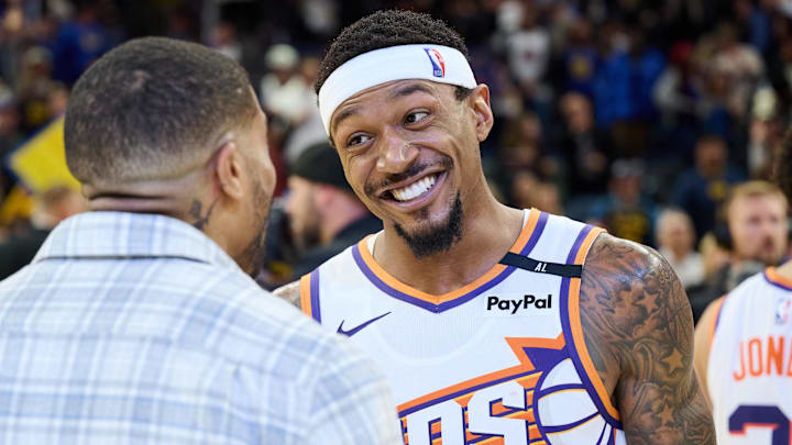 Dec 28, 2024; San Francisco, California, USA; Phoenix Suns guard Bradley Beal (3) reacts on the court after the game against the Golden State Warriors at Chase Center. Mandatory Credit: Robert Edwards-Imagn Images Dec 28, 2024; San Francisco, California, USA; Phoenix Suns guard Bradley Beal (3) reacts on the court after the game against the Golden State Warriors at Chase Center. Mandatory Credit: Robert Edwards-Imagn Images