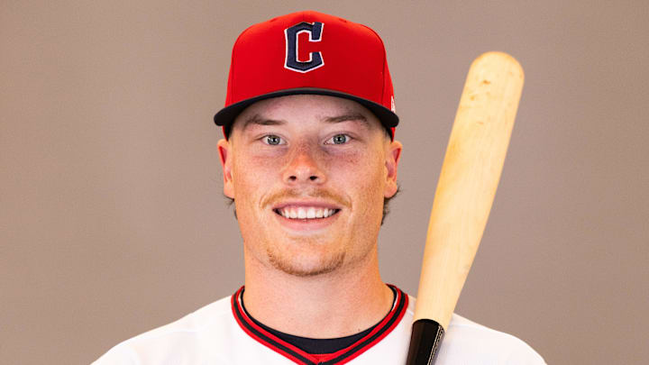 Feb 19, 2026; Goodyear, AZ, USA; Cleveland Guardians second baseman Travis Bazzana (72) during media day in Goodyear. Mandatory Credit: Arianna Grainey-Imagn Images