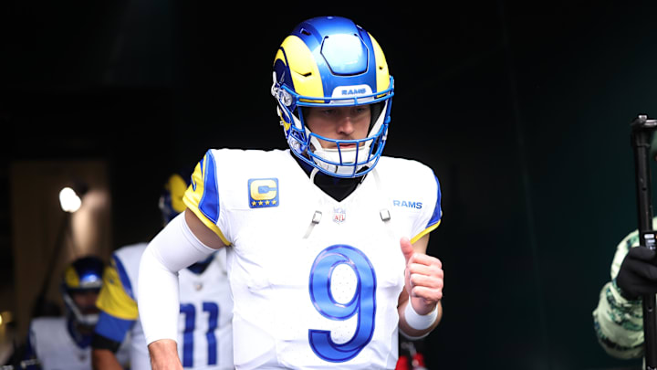Jan 19, 2025; Philadelphia, Pennsylvania, USA; Los Angeles Rams quarterback Matthew Stafford (9) runs onto the field prior to the game against the Philadelphia Eagles in a 2025 NFC divisional round game at Lincoln Financial Field. Mandatory Credit: Bill Streicher-Imagn Images