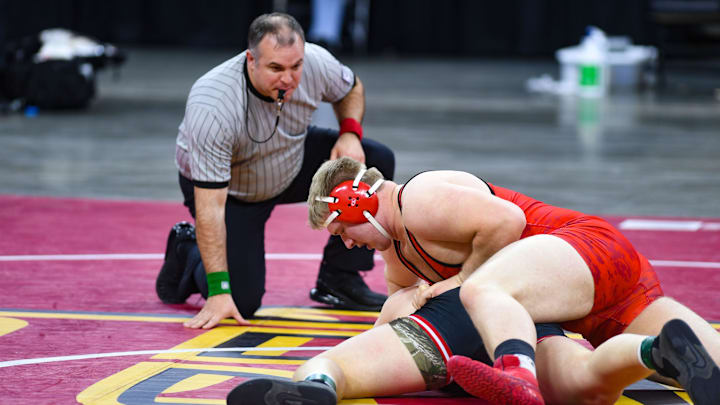Chamberlain's Nash Hutmacher and Brookings' Gus Miller compete in the feature class A match of the high school state wrestling finals on Saturday, Feb. 29, at the Denny Sanford Premier Center in Sioux Falls.

State Wrestling Finals 032